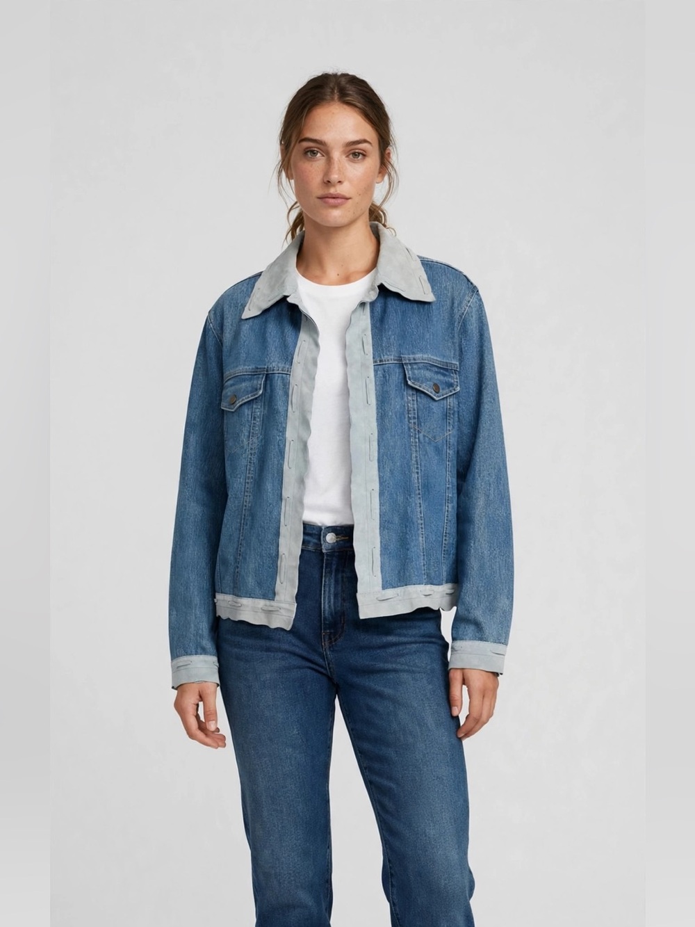 J. Marco Denim Jacket XL Blue Suede Leather Trim Western Style Jean Coat Women’s
